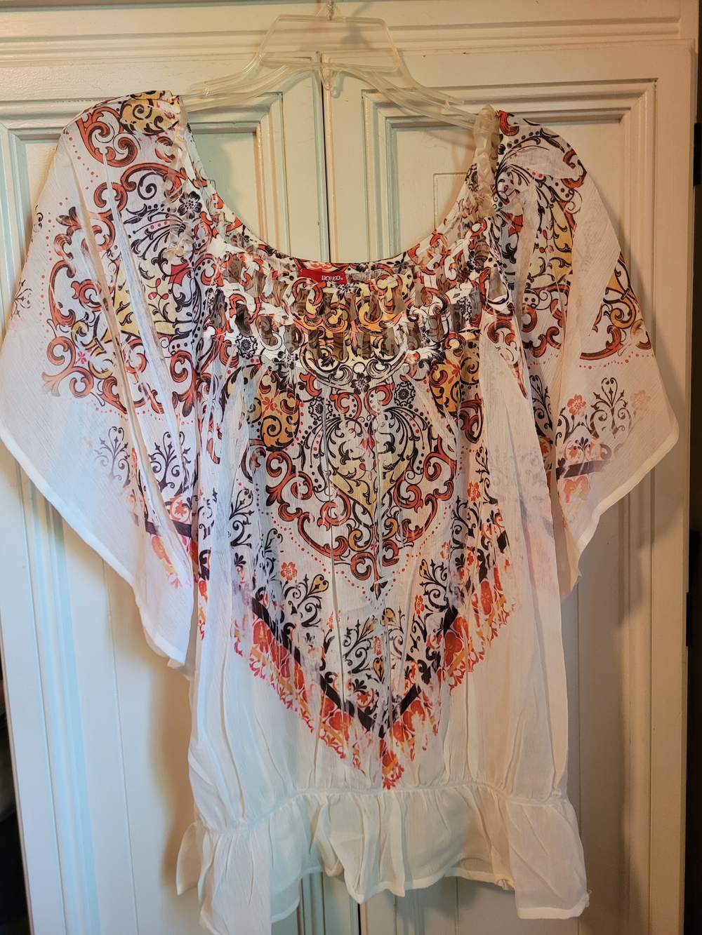 BONGO White Peasant Tunic with Orange, Yellow and Brown Scroll Print